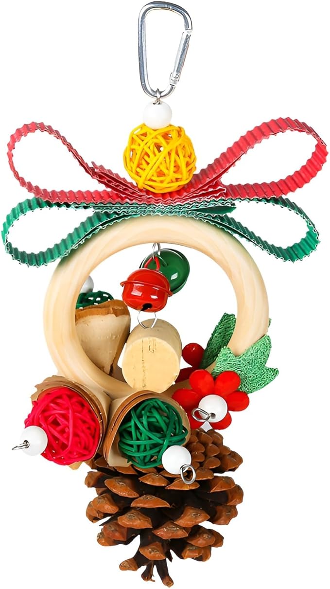 Christmas Bird Toys Foraging Shredder Hanging Toys Rope Perch with Bell Parakeet Toy Parrot Swing Climbing Standing Toys Bird Cage Accessories for Conure Cockatiel Budgies Lovebird
