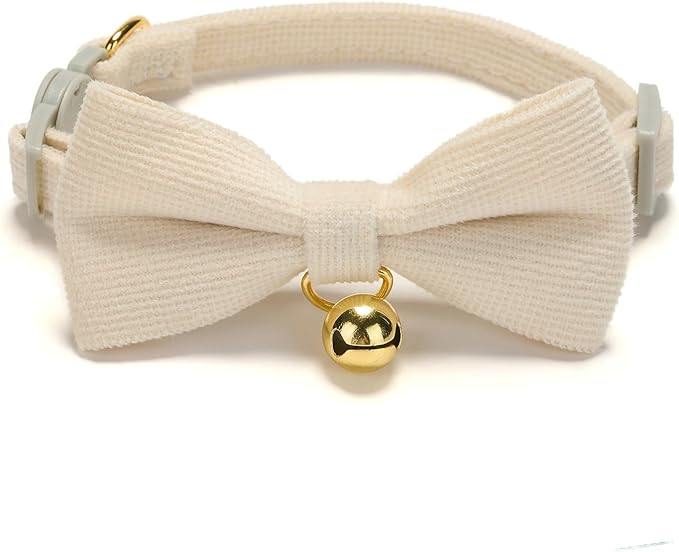 Cotton Breakaway Cat Collar with Bow Tie and Bell, Adjustable Cute Soft Corduroy Kitten Collars for Girl and Boy Cats
