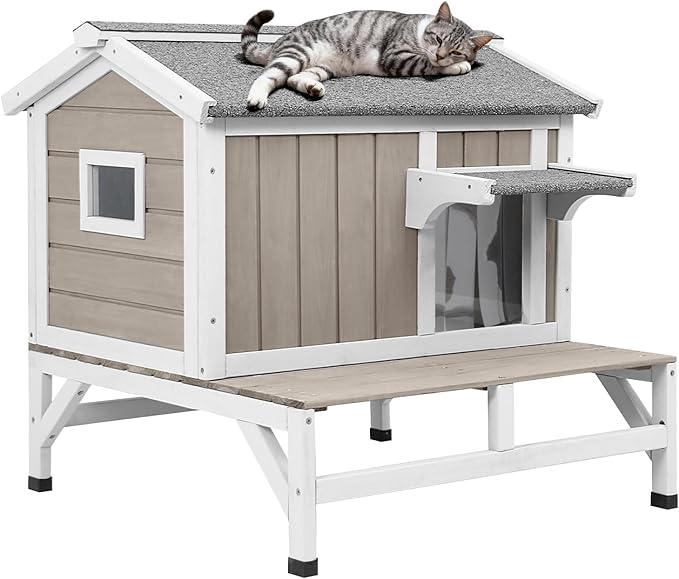 Small Cat House Weatherproof, Wooden Feral Cat House Outdoor with Balcony, Internal Dividers, PVC Curtain Door, Outside Indoor Cats Shelter with Elevated Feet, Openable Roof, Grey