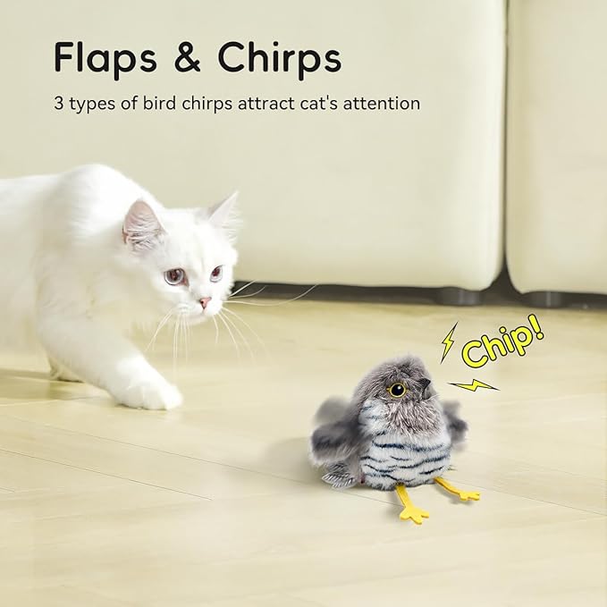 Petgravity Flapping Bird Cat Toy, Lifelike Chirp Tweet Kitten Toy, Rechargeable Touch Activated Cat Toy Interactive Catnip Toy Exercise Toys for All Breeds 5.1" (Gray)