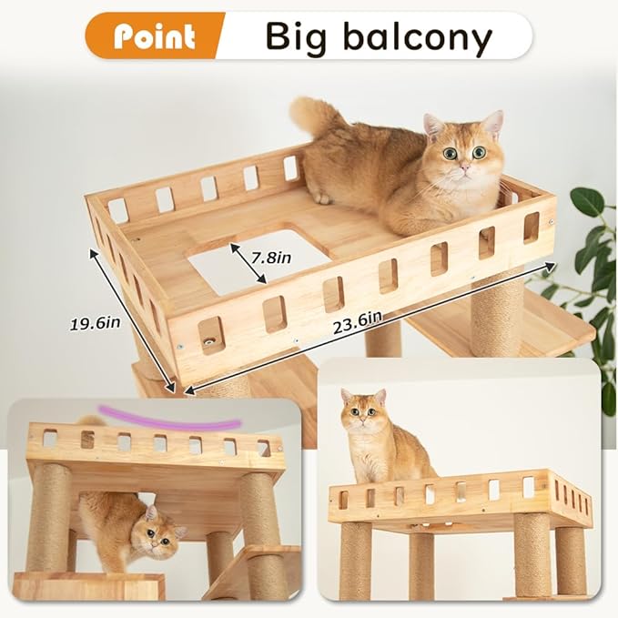 74.8" Wooden Cat Tree Tower for Large Cats, Multi-Level Cat Climbing Furniture with Scratching Posts, Cat Condo & Hammock, Natural Wood Cat Activity Center (Brown)