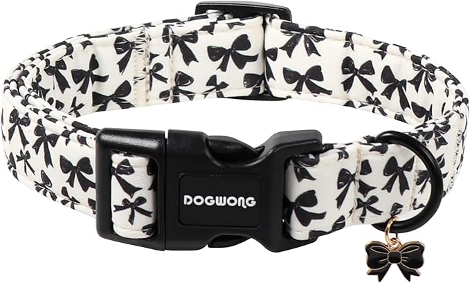 DOGWONG Cute Dog Collar, Black Bow Pattern Dog Collar, Girl Female Dog Collars with Strong Plastic Buckle for Small Medium Dogs,M