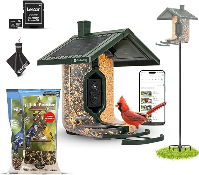 Smart Bird Feeder with AI Identification & HD Camera – Solar-Powered Wi-Fi Feeder Sends Photos & Videos to Your Phone – Includes Pole Mount, Bird Seed, 32GB SD Card, & Cleaning Cloth