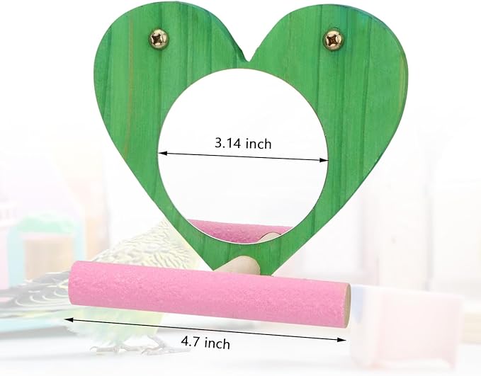 Hypeety Bird Mirror Toy Cage Standing Perch Wood Toy Parrot Parakeet Budgies Cockatiel Conure Finch Lovebird African Grey Macaw Amazon Cockatoo Birdcage Wood Stand Perch(Color Random) (Heart Shape)