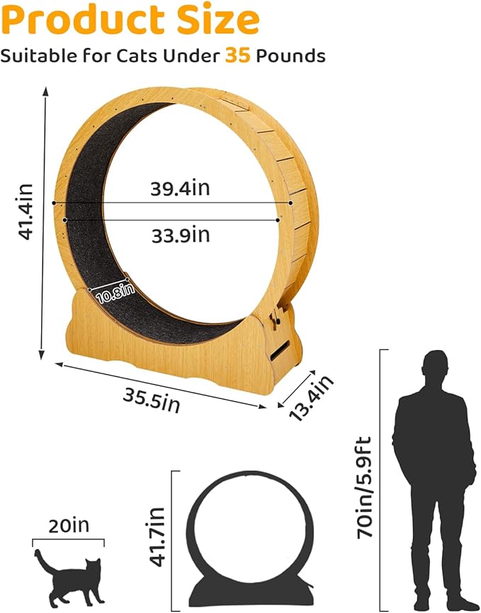 Outvita Cat Exercise Wheel for Quiet Running Indoor Use, 39.4" Cat Treadmill with Detachable Carpet, Cats Exerciser Helps Cats to Lose Weight and Keep Health, Easy to Install (Natural Wood)