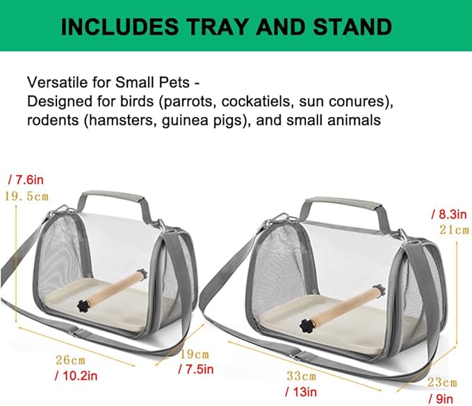 Portable Small Pet Carrier Bag – Travel Bird Cage for Parrots, Parakeets, Cockatiels, Hamsters, Lizard and Vet Visit with Shoulder Straps & Side Access (Includes Tray and Stand, Gray, 13 * 9 * 8.3in)