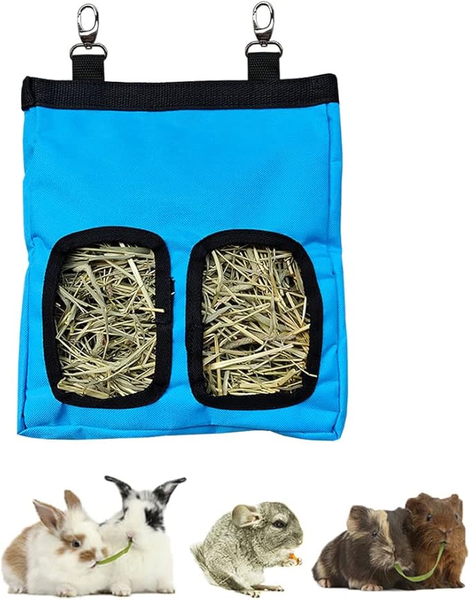 Guinea Pig Hay Feeder, Hanging Rabbit Hay Feeder Bag for Guinea Pigs Bunnies Chinchillas. Blue