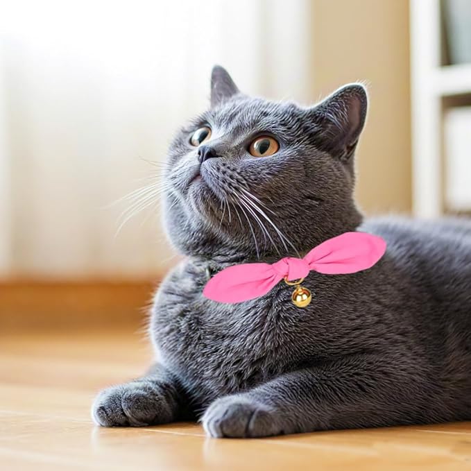 Bunny Ear Cat Collar with Bell and Bow Tie, Breakaway Cute Bowtie Kitten Collars(Hot Pink)
