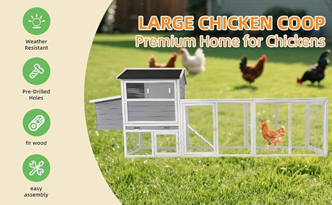 KEIKI 113" Large Outdoor Wooden Chicken Coop with Run and Nesting Box, Waterproof Hen House with Anti-UV Roof, Secure Latches, and Openable Top for Backyard Poultry, Gray