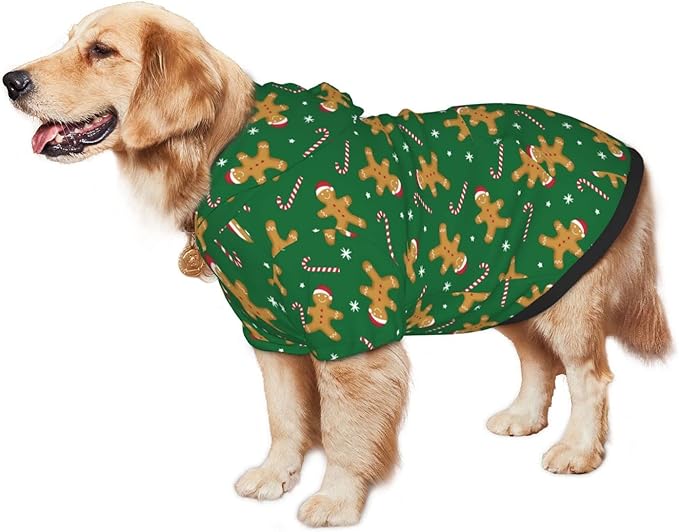 Green Christmas Gingerbread Men Candies Hoodie,Christmas Cosplay Dog Clothes with Pocket and Hat Winter Clothes Sweaters Large