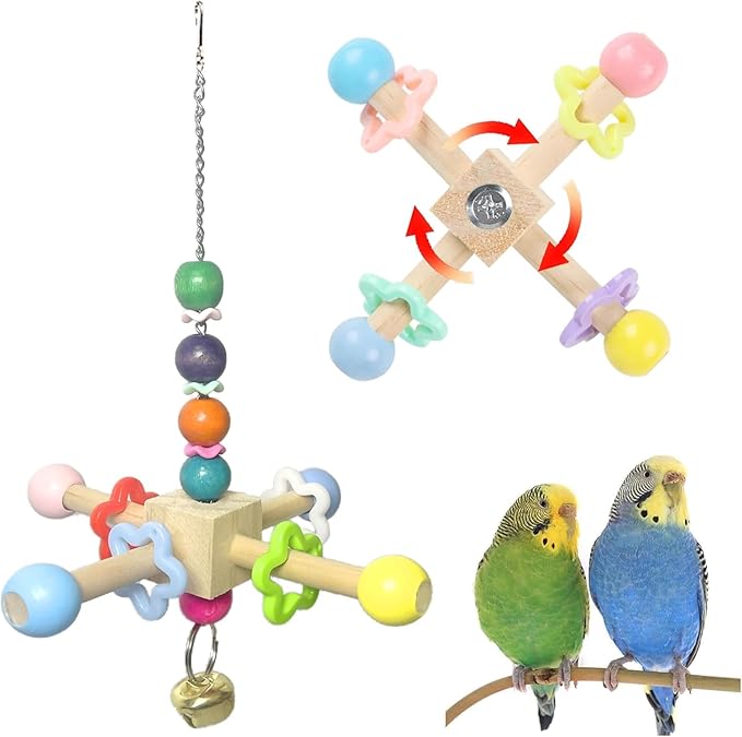 2pcs Bird Spinner Toys for Parrots with Bells, Natural Wood Parakeet Toys for Cage, Bird Cage Accessories Chewing Hanging for Small and Medium Birds, Cockatiel, Conure, Lovebird, Budgie, Quaker