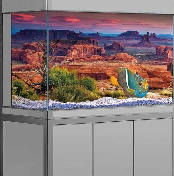 30X12IN Desert Loess Rock Cactus Oasis Reptile Habitat Background, Natural Sunset Desert Themed Terrarium Background, Aquarium Background with 10 EVA Double-Sided Tape