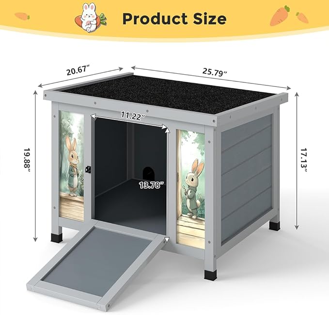 COZIWOW 24 Inch Rabbit Hutch Outdoor, Weatherproof Cat House, Bunny Cage Indoor with Non-Slip Ramp, Portable Wooden Shelter for Rabbits, Feral Cats, Chicken, Duck & Other Small Animals (Grey)