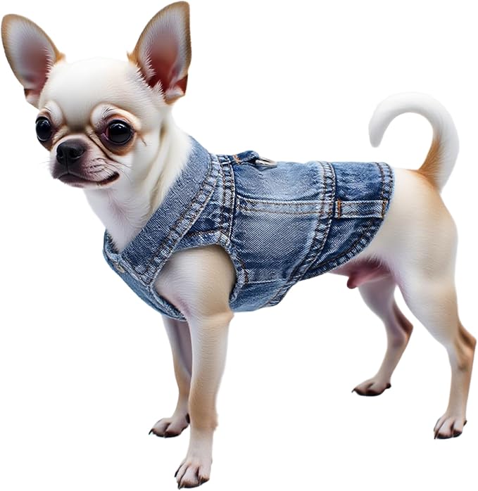 Puppy Clothes for Small Dogs Boy,Classic Western Denim Dog Coat,Dog Jeans Jacket with Leash D-Ring,Pet Cat Costumes,Cooling Harness Vest for Walking (Blue, Medium)