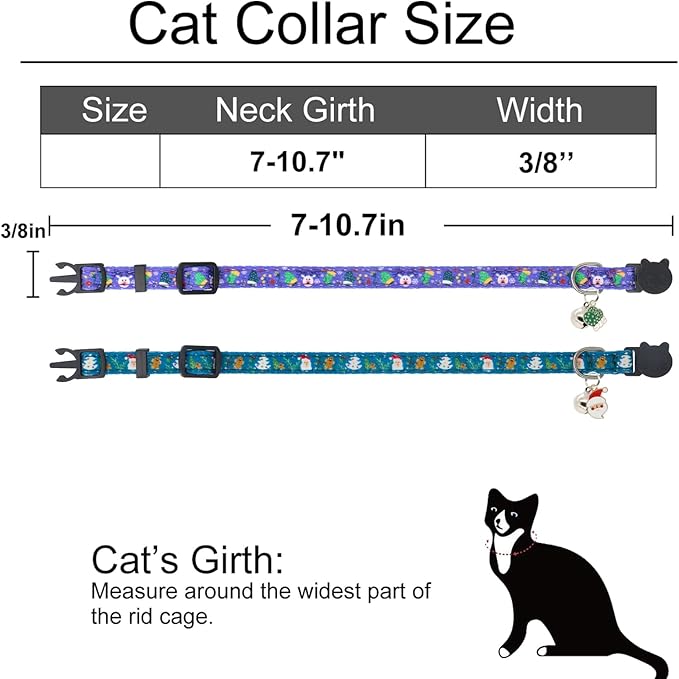 Christmas Cat Collar, Cotton 2 Pack Cat Collar with Bells, Breakaway Collars for Girl Boy Kittens, Santa