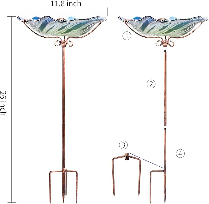 Glass Bird Bath Outdoor Birdbaths Garden Birdfeeder with Metal Stake Green(Height:26inch)