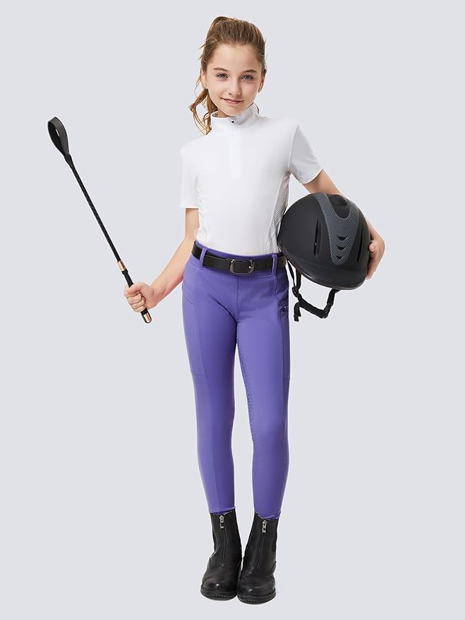 FitsT4 Sports Girls Riding Pants Full Seat Kids Equestrian Breeches Stretchy Youth Horse Schooling Tights Zipper Pockets