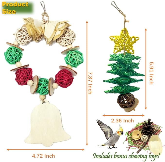 Bird Toys - Christmas Parrot Toys, Cage Enrichment | Foraging Wreath | Chewing and Shredding | Ideal for Parakeets/Cockatiels/Conures/Lovebirds and Small to Medium Birds