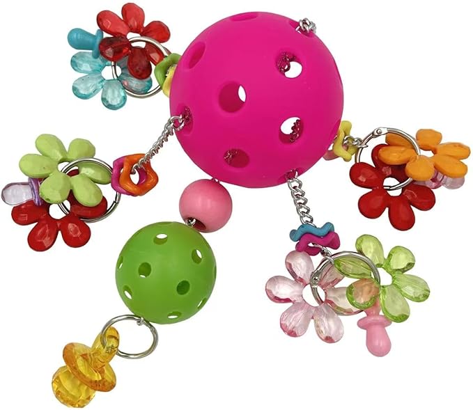 Pullable Bird Plastic Ball Toys with Acrylic Pacifiers and Flowers, Colorful Parrot Toys for Medium and Large Parrot Quaker Monk Parakeet Sun Conures (Rose red)