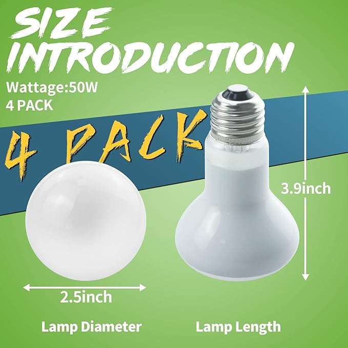 LUCKY HERP 4 Pack 50W Reptile Heat Lamp Bulb (2nd Gen), Amphibian Basking Light Bulb, Reptile Daylight Bulb for Turtle, Bearded Dragon, Lizard Heating Use