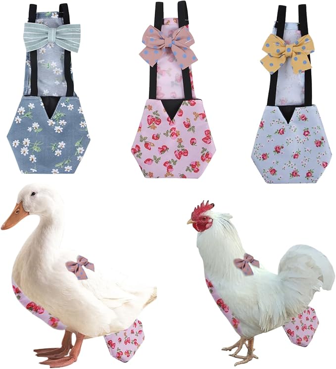 MANON ROSA Chicken Diapers Bantam Hens - Reusable 3-Piece Set with Bow Ties Poultry Nappies Washable Waterproof for Geese Pet Ducks Silkie (Floral S)