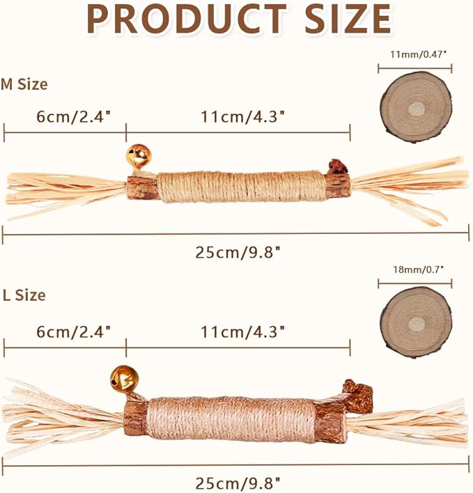 Natural Dried Matatabi Cat Chew Stick with Gall Fruit, Raffia Grass & Bell Cat Ball Toys, Handmade Silvervine Sticks Interactive Catnip Toys for Teething & Entertainment (Size L Color A)