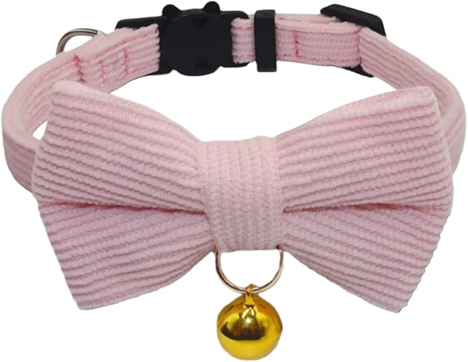 THAIN Cat Collar with Bow Tie and Bell, Breakaway Adjustable Cute Soft Corduroy Kitten Collars Safety Buckle for Girl Cats(Solid Pink)