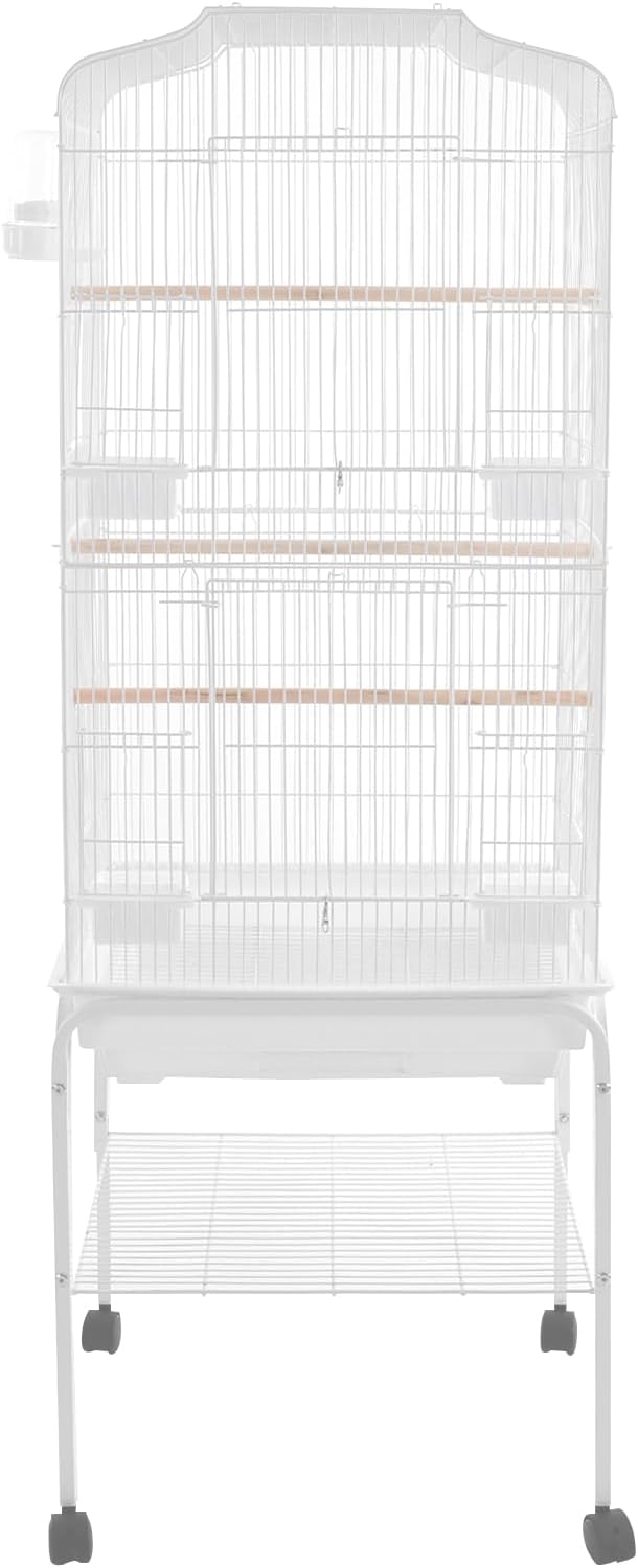 Bird Cage with Universal Wheels, Freestanding Parakeet Birdcage, Large Iron Flight Bird Cages 360° Full Hollow Design Pigeons Parrot, 18x15x54 Inch, with Feeding Bowls, Waterer (White)