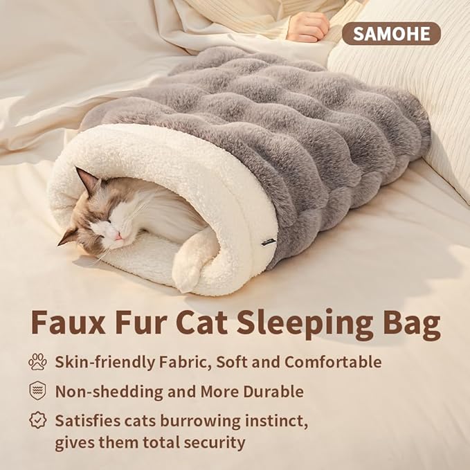 Self-Warming Cat Sleeping Bag, Enclosed Hooded Snuggle Sack with Dual-Side Plush Cat Cave Bed, Portable Foldable Pet Sleeping Pod for Indoor & Travel, Anti-Static, 21.7"x17.7"Beige
