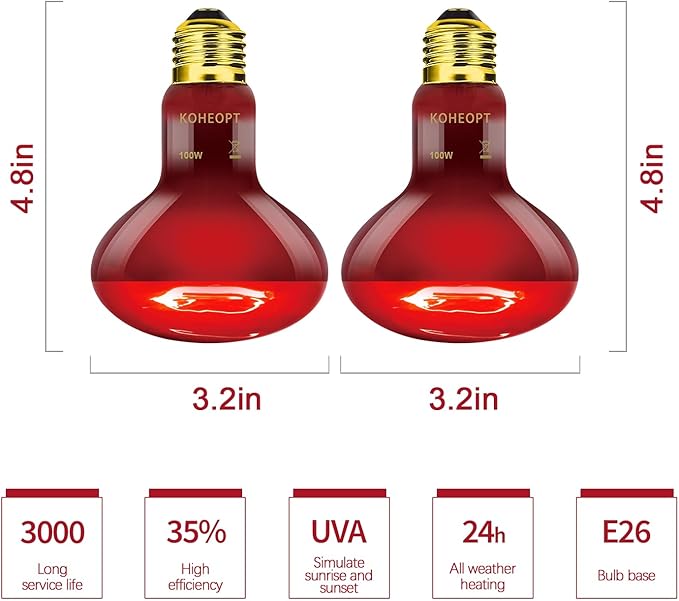 Infrared Heat Lamp 100W,（2 Pack） Reptile Heat Emitter Infrared Basking Spot Light, Reptile Pets Brooder Use,Red Heat Lamp for Chickens、Lizards、Snakes、Turtles