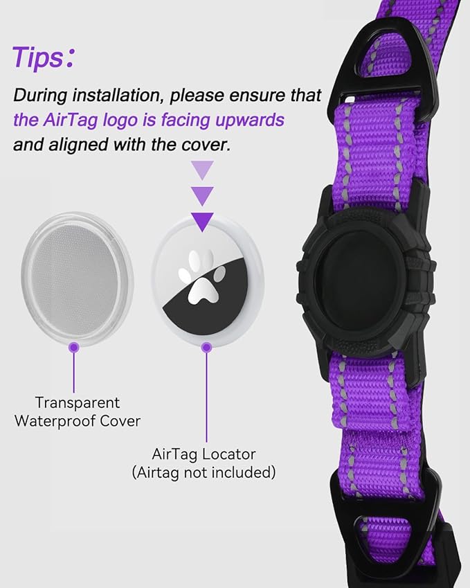 Joytale Airtag Dog Collar, Reflective Pet Collar with Waterproof AirTag Holder, Dual D-Rings, Soft Padded Adjustable for Extra Small and Puppy Dogs, Purple, XS