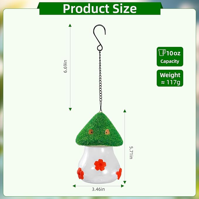 Hummingbird Feeders for Outdoors Hanging - Mushroom House Shape Bird Drinker, Water Resistant Leak Proof,Garden Birds Watching Patio Decoration with 3 Silicone Flower Feeding Ports (red Flower)