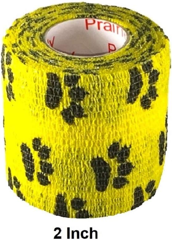 Vet Wrap Wrap Tape (Yellow with Paw Prints) (2 Pack) (3 Inch x 15 feet) Self Adhesive Adherent Adhering Cohesive Flex Self Stick Bandage Grip Roll Dog Cat Pet Horse