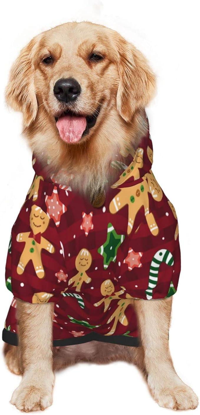 Christmas with Gingerbread Men, Candies Hoodie,Christmas Cosplay Dog Clothes with Pocket and Hat Winter Clothes Sweaters X-Large