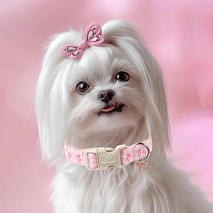 Girl Dog Collar for Giant Large Dogs - Cute Pink Plaid & Bow Print Spring/Summer Puppy Collar, Soft Adjustable Holiday Female Dog Collars with Quick Release Buckle XL
