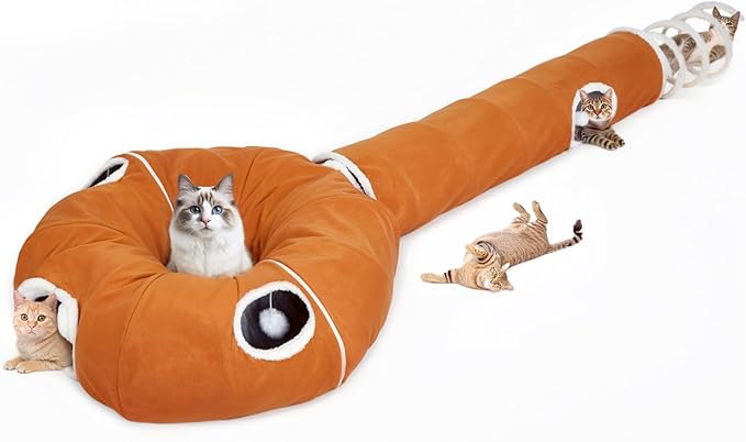 Ownpets 2-in-1 Cat Tunnel, Large Lollipop Shape Cat Tunnel Toy with Fluffy Balls, Spiral Toy, Plush Collapsible Cat Cave Hideout Donut Tunnel for Multi Kitten Puppy Rabbit, Orange