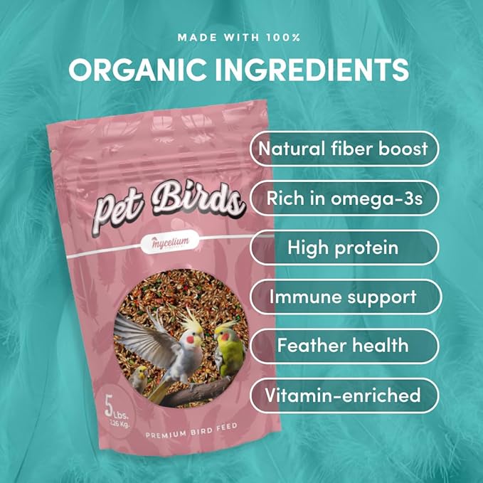 Mycelium Pet Bird Cuisine Plus | Organic Bird Seed Mix for Finch, Budgie & Cockatiel | Energy, Digestive & Immune Support with Fruits, Veggies, Egg, Flaxseed, & Vitamins | Non-GMO 5 lb Bag