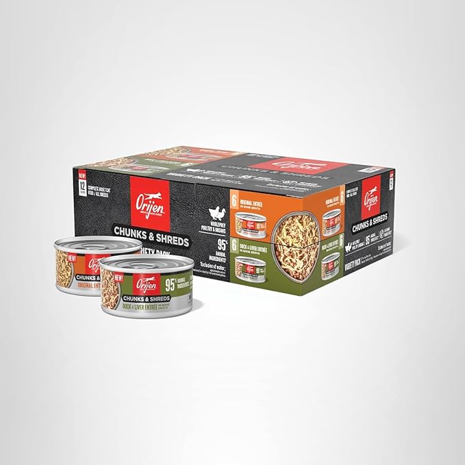 ORIJEN Chunks & Shreds Wet Cat Food Variety Pack: Original + Duck & Liver Recipes 3oz Cans (12 Count, 6 of Each)