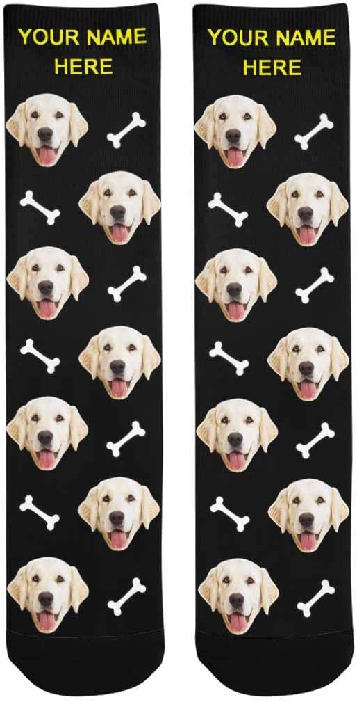 MyPupSocks Custom Personalized Photo Pet Face Socks, Cat and Dog Tracks Paws Bones Crew Socks with Picture for Men Women