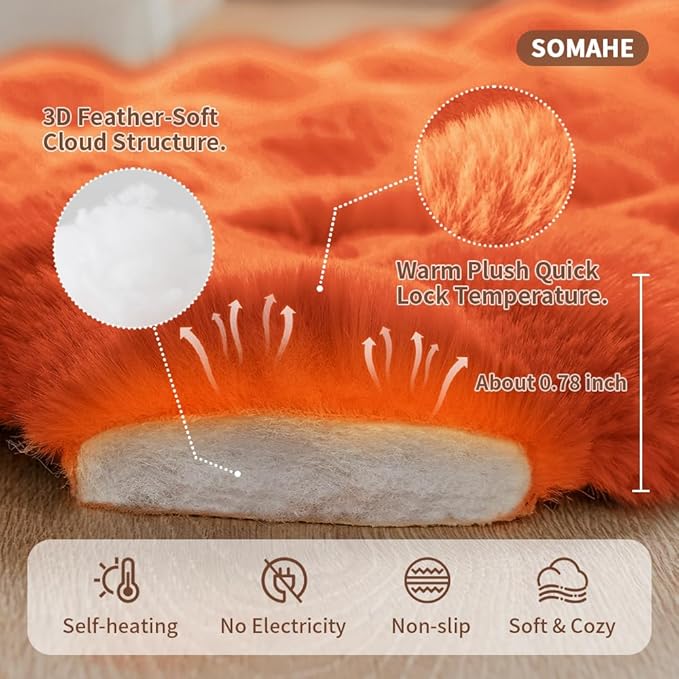 Self-Warming Cat Bed, Plush Faux Fur Pet Bed Mat with Anti-Slip Bottom, Ultra Soft Heated Pad for Cats & Kittens, Cozy Fluffy Bed for Window & Sills Couches, Machine Washable, 23x15 Inch Orange