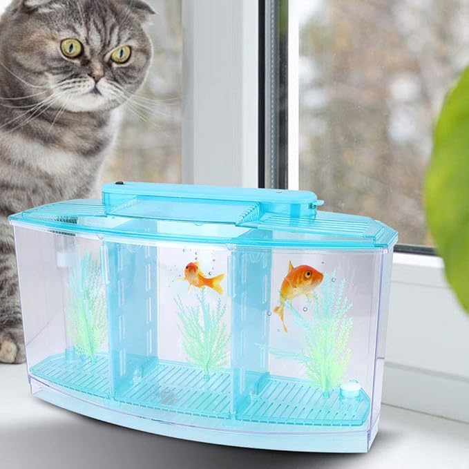Small Fish Tank with Filter, Aquarium Fish LED Acrylic Three Divisions Breeding Isolation Box for Small Fishes Aquarium Fish (Blue)