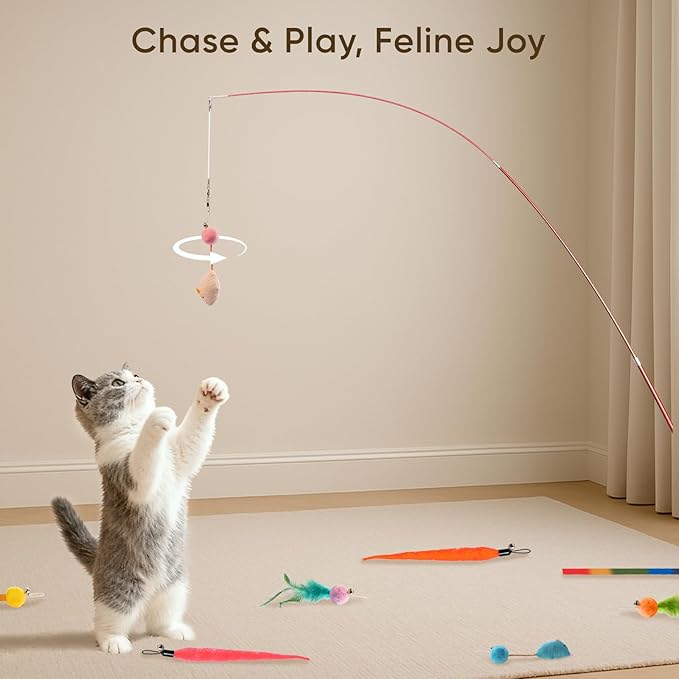 Cat Toys for Indoor Cats, 11 Packs Interactive Cat Wand Toy Set with Feather Toys&Ribbon Refills,Retractable Cat Wand with Bell Refills for Kittens Play and Exercise