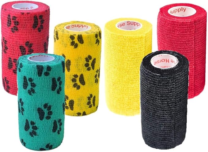 Prairie Horse Supply 3 Inch Vet Wrap Tape Bulk (Red, Yellow, Black and Black Paw Prints on Yellow, Red, Teal) (Pack of 6) Self Adhesive Adherent Adhering Flex Bandage Grip Roll for Dog Cat Pet