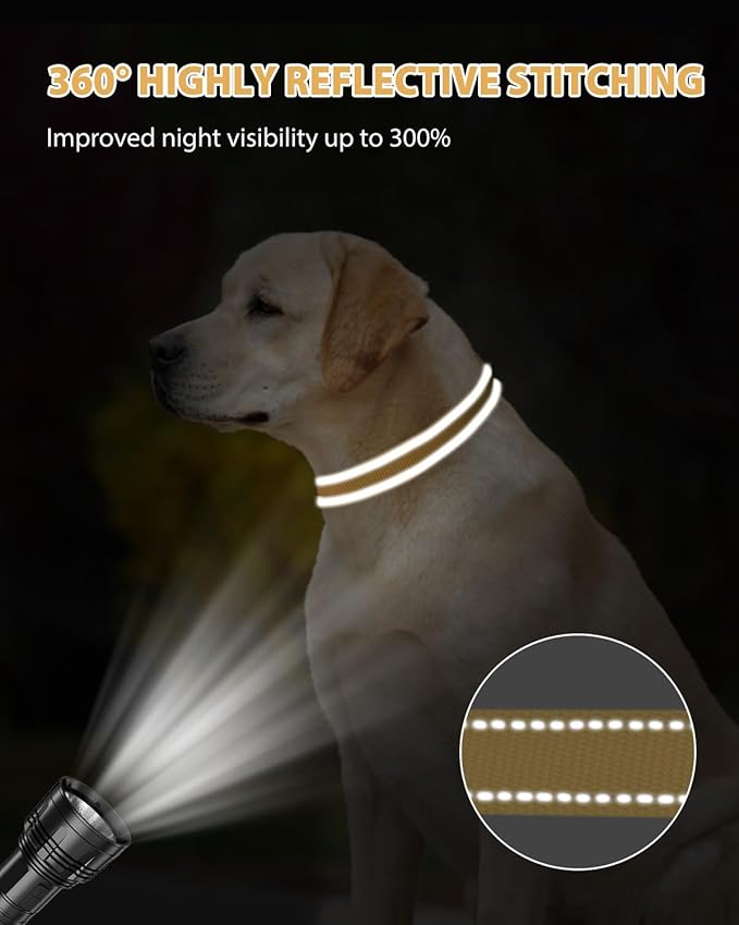 Joytale Reflective Dog Collar, Adjustable Nylon Pet Collar with Quick-Release Buckle for Medium Dogs, Khaki, M