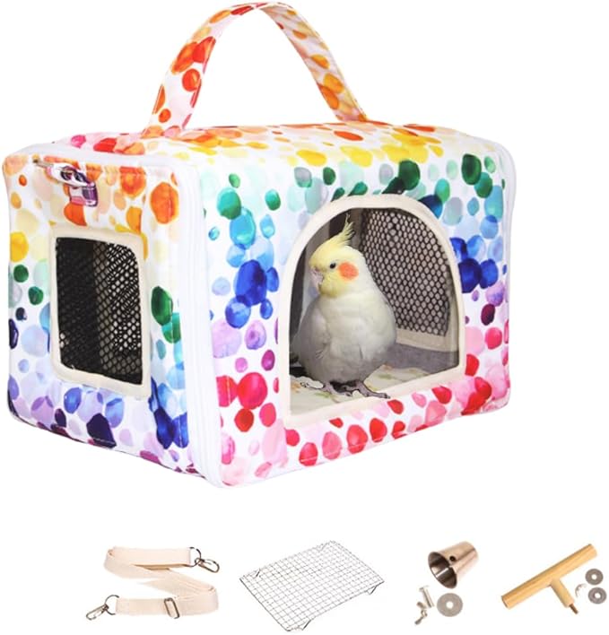 Bird Travel Carrier with Perch Parakeet Carriers with Net, Pad Mat, Feeder Portable Pet Carrier Bag for Bird Transparent Travel Carrier Cage for Budgie Conure Cockatiel (Colorful)