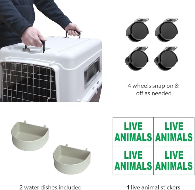 SportPet Airline Compliant LARGE 28.75" Travel Dog Kennel-Durable Plastic Airline Pet Carrier w/ Removable Wheels & Food Bowls, Collapsible Indoor/Outdoor Dog Kennel, Dogs up to 28"L & 20"H-Cream/Gray