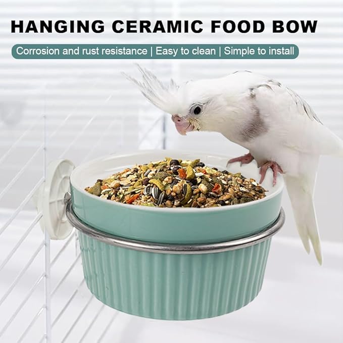 Ceramic Bird Feeder for Cage Bowl - Auto-Refill Easy Clean Dishwasher Safe Food Dish for Parrots Cockatiels & Small Birds