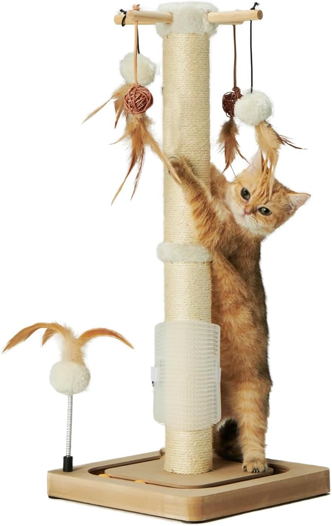 PEEKAB Cat Scratching Post 27 Inches Sisal Scratch Posts for Indoor Cats,with Track Ball Toys Kitten Vertical Scratcher Furniture Beige