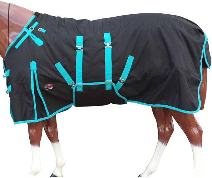 HILASON Black with Turquoise Trims 76 inch 1200D Winter Waterproof Poly Horse Turnout Blanket Belly Wrap