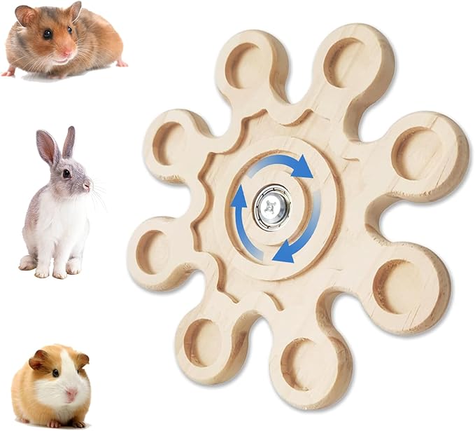 KABASI Rotating Natural Wood Chinchilla Chew Toys, Interactive Enrichment Rat Enrichment Toys for Teeth Grinding, Hanging Exercise Chinchilla Cage Accessories Snowflake Wheel for Hamster Guinea Pig